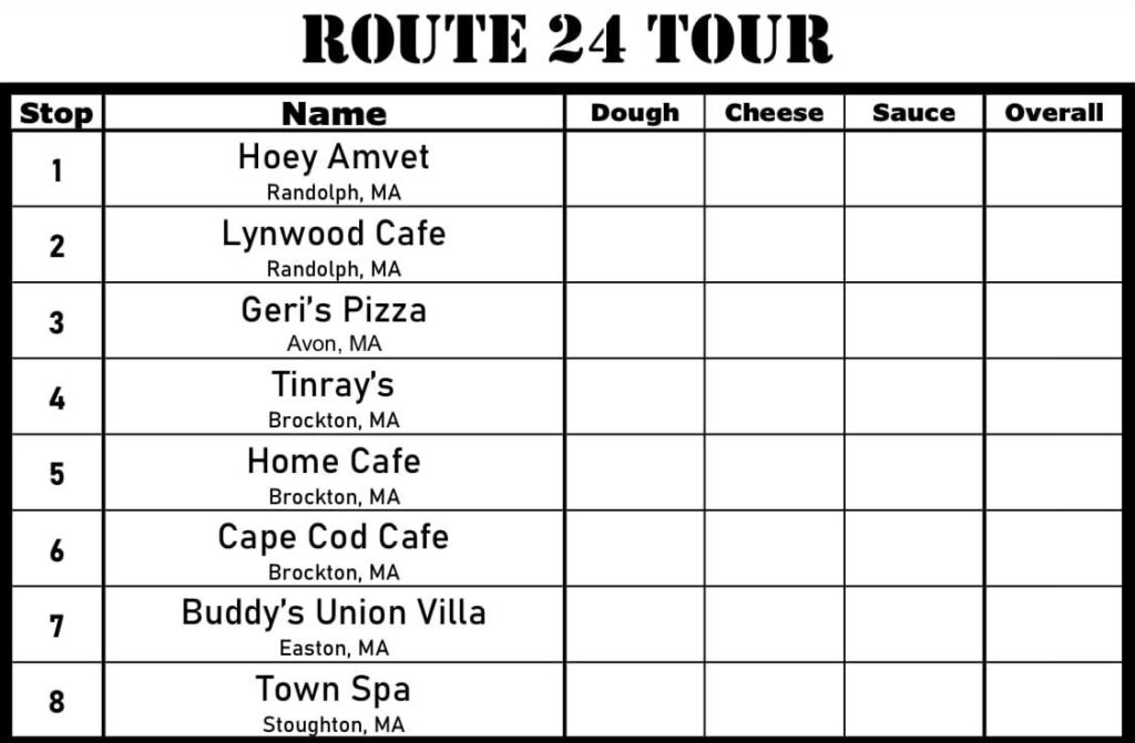 South Shore Bar Pizza Route 24 Tour Scorecard